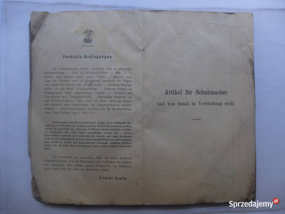 Stara reklama cennik Jonas Lutz Schmalkalden Kościan