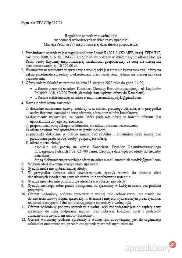 Syndyk sprzeda ciągnik siodłowy Scania R420 LA Sieradz