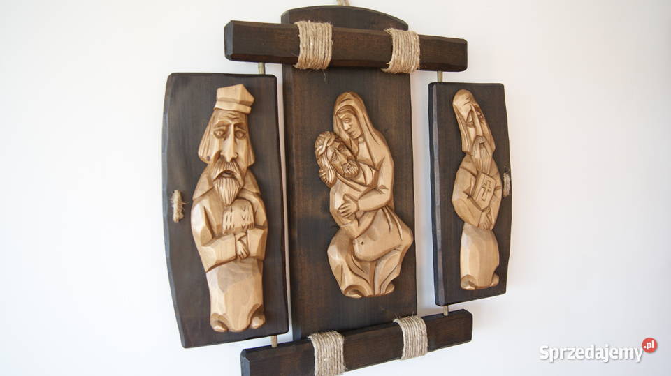 Duży tryptyk płaskorzeźba drewno rękodzieło Łódź