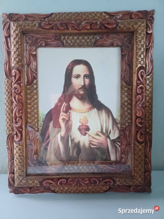Piękna stara rama ręcznie rzeźbiona z Jezusem Łódź