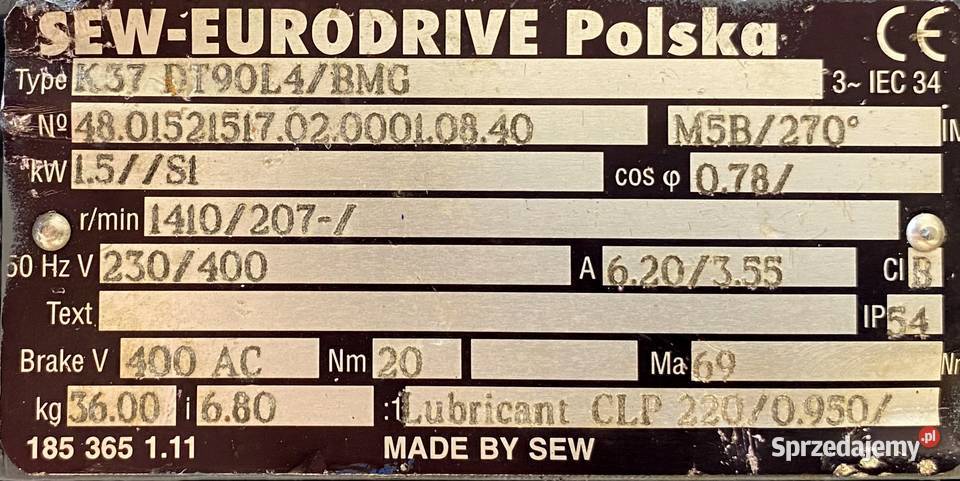 motoreduktor przekładnia 15kW 207obr HAMULEC SEW Pigża sprzedam