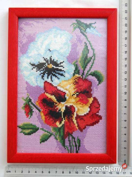 Bratki kwiaty obraz haftowany haft rękodzieło lubelskie Lublin sprzedam