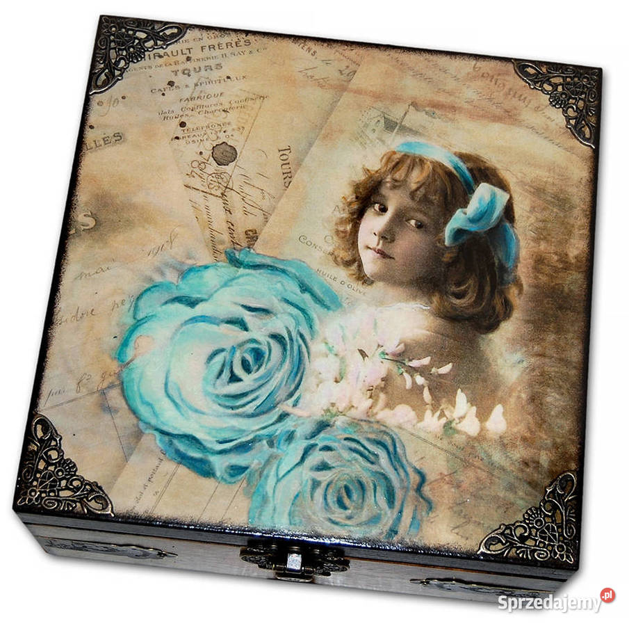 SZKATUŁKA drewniane pudełko GIRL BLUE ROSE 20x20 kujawsko-pomorskie Bydgoszcz