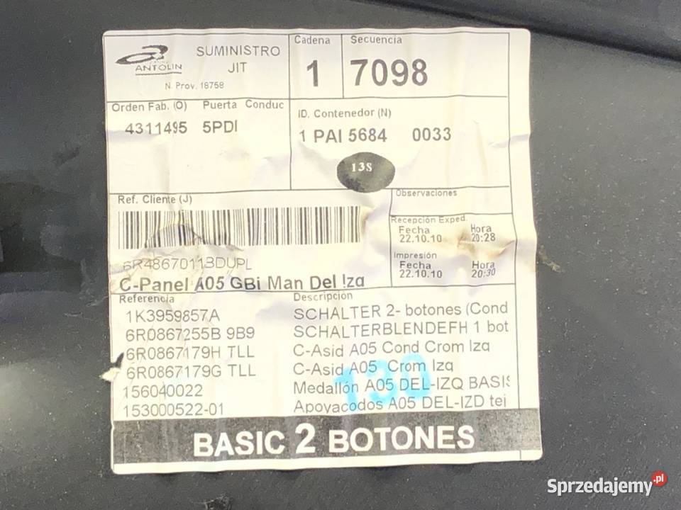 BOCZEK DRZWI LEWY PRZÓD VW POLO V Hatchback