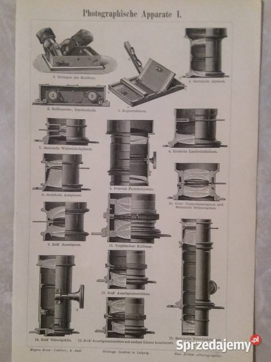 Stara niemiecka rycina Photographische Apparate Jarosław