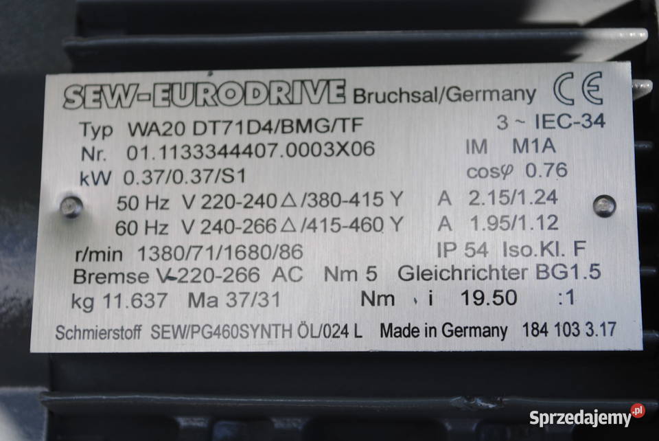 Motoreduktor kątowy 037kw 71obr z hamulcem firmy Kargowa