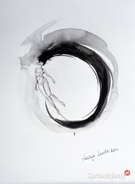 Ślad obraz akwarelą i piórkiem kobieta akt Katowice