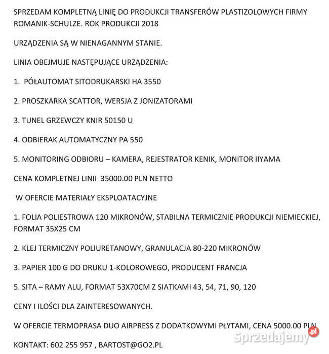 Transfery Plastizolowe Kompletna Linia Produkcja Ząbki