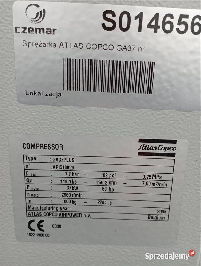 Sprężarka śrubowa ATLAS COPCO GA37 PLUS 37kW Wilków