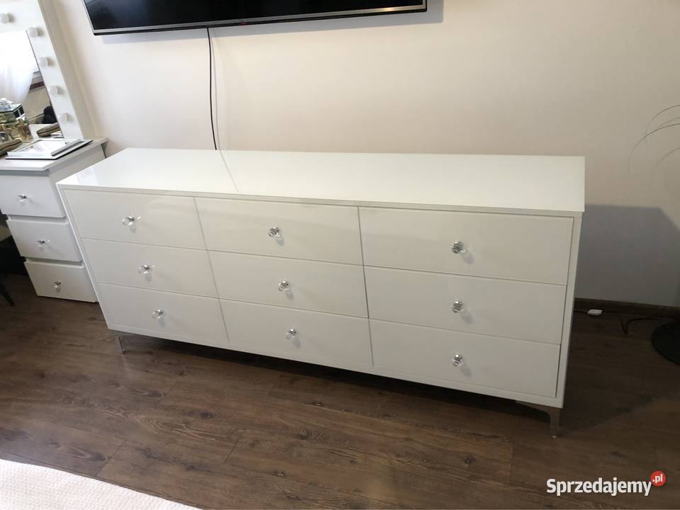 Komoda biała ze szkła noga chrom gałka kryształ Komody