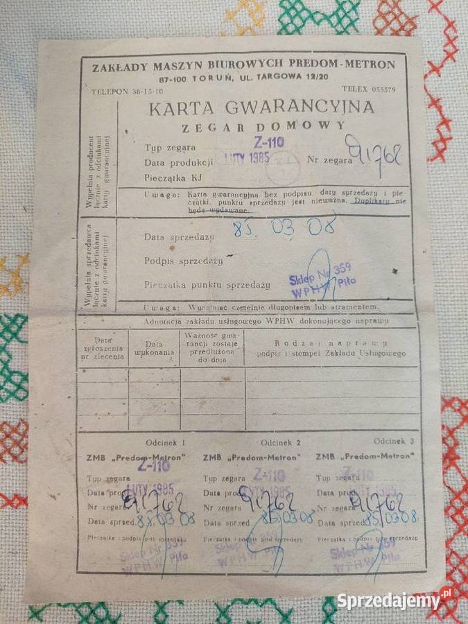 Karta gwarancyjna zegara domowego z 1985r