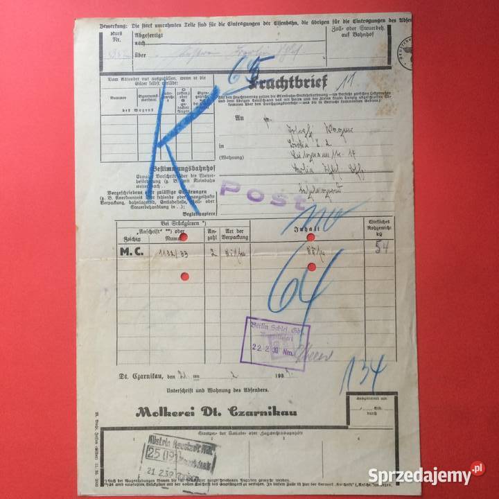 1823 Niemiecki List Przewozowy Kostrzyń Antykwariat Szczecin