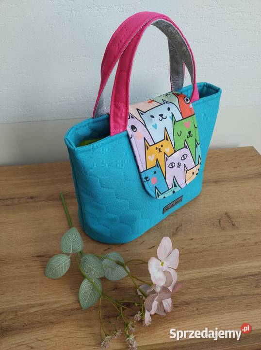 Niebieska Torebka Koszyk w KOTKI handmade 18cm