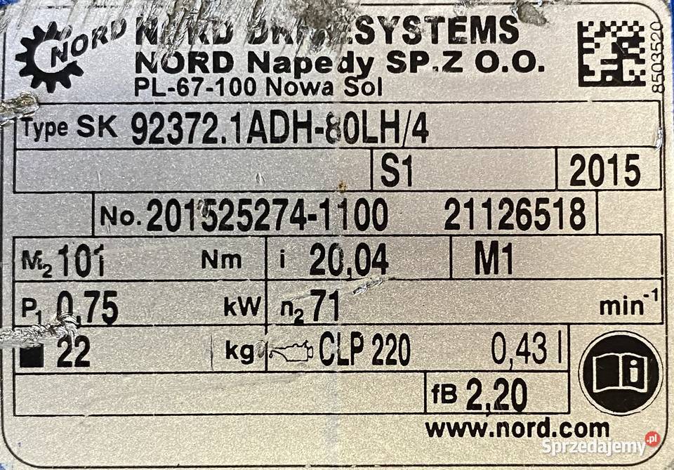 motoreduktor przekładnia 075kW 71obr 3fazowy Pozostałe Pigża
