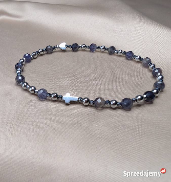 Bransoletka różaniec kamienie iolit krzyż Olkusz