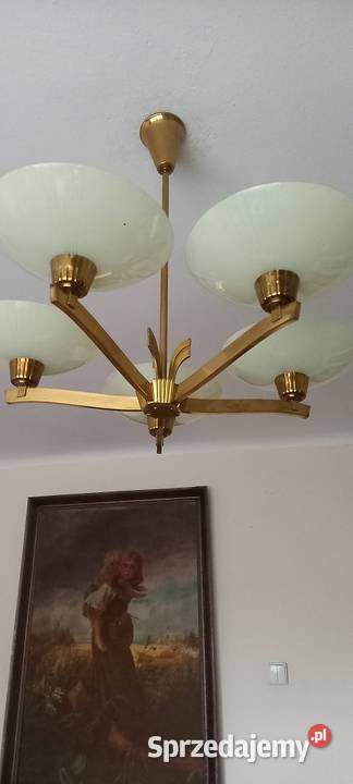 Mosiężny pięcioramienny żyrandol z kloszami w łódzkie Skierniewice sprzedam