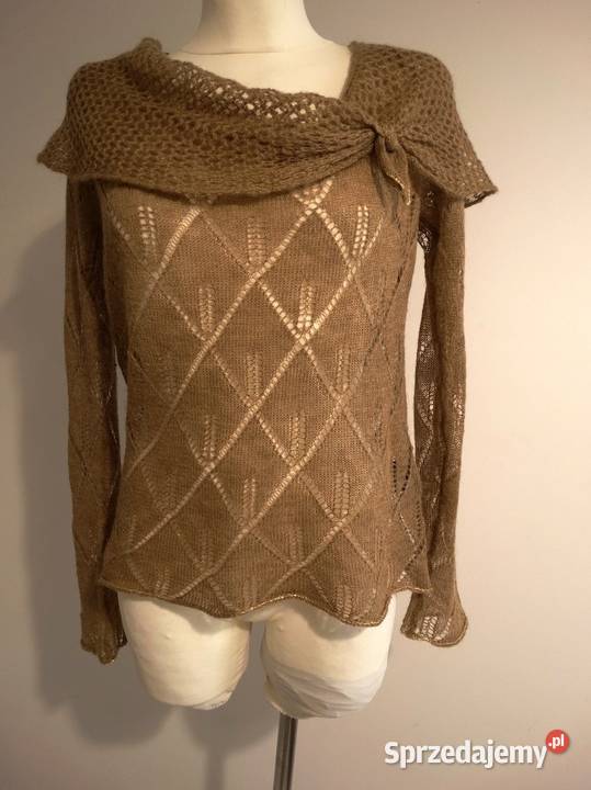 Sweter Moherowy Wełniany Ażurowy Camelowy Łomża