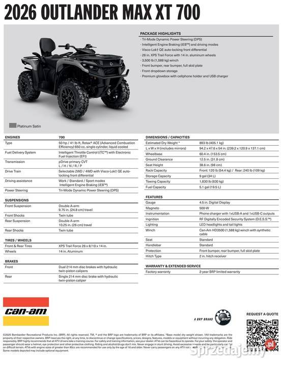 CanAm Outlander XT 700 1YTD Platinum Satin 2026 Nowy Sącz