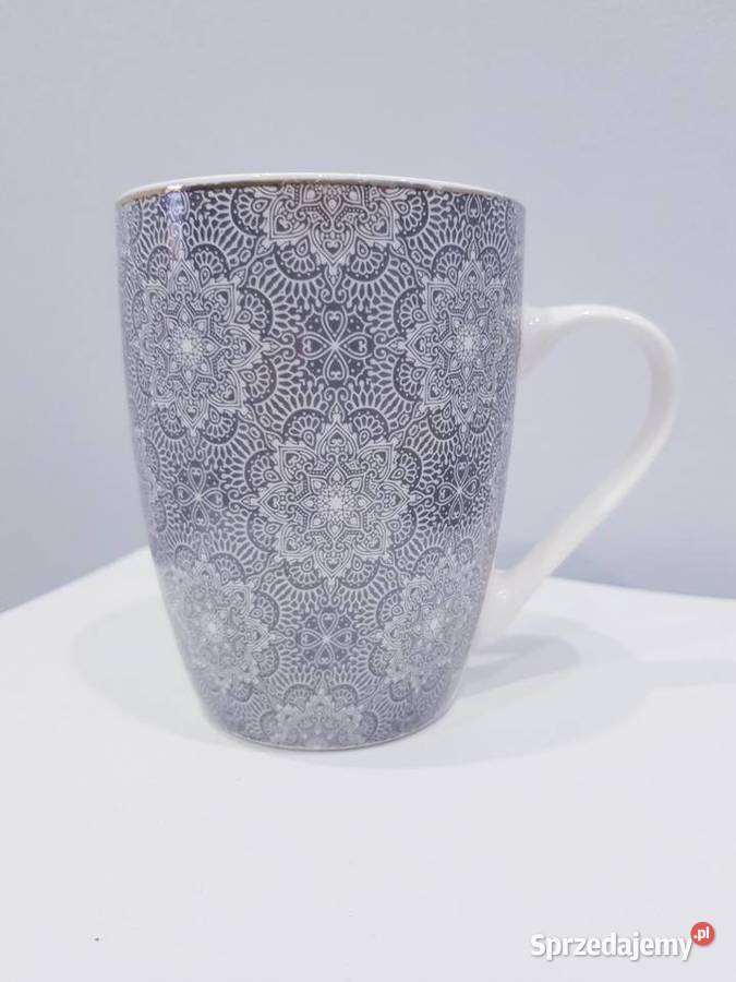 Kubek ceramiczny z imitacją haftowanych serwetek szary śląskie Dąbrowa Górnicza