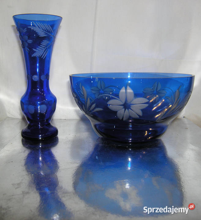wazon i miska szkło kobaltowe vintage PRLD Porcelana i szkło Bartków sprzedam