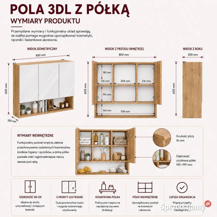 Szafka łazienkowa wisząca z lustrem i półką 60cm