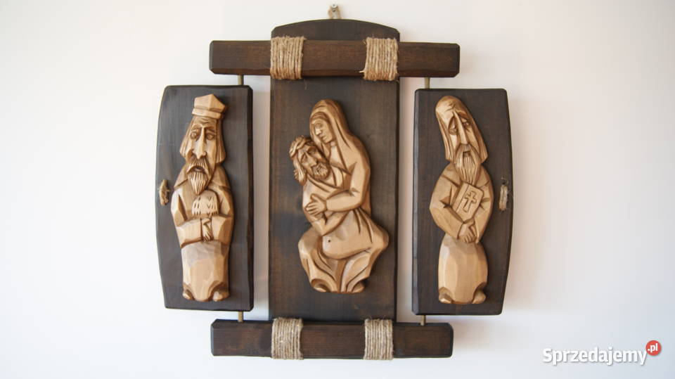 Duży tryptyk płaskorzeźba drewno rękodzieło Łódź