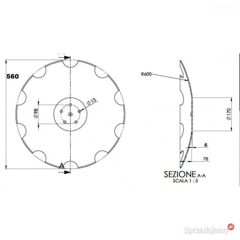 Talerz 610 pod piastę 5otworową grubość 6 mm