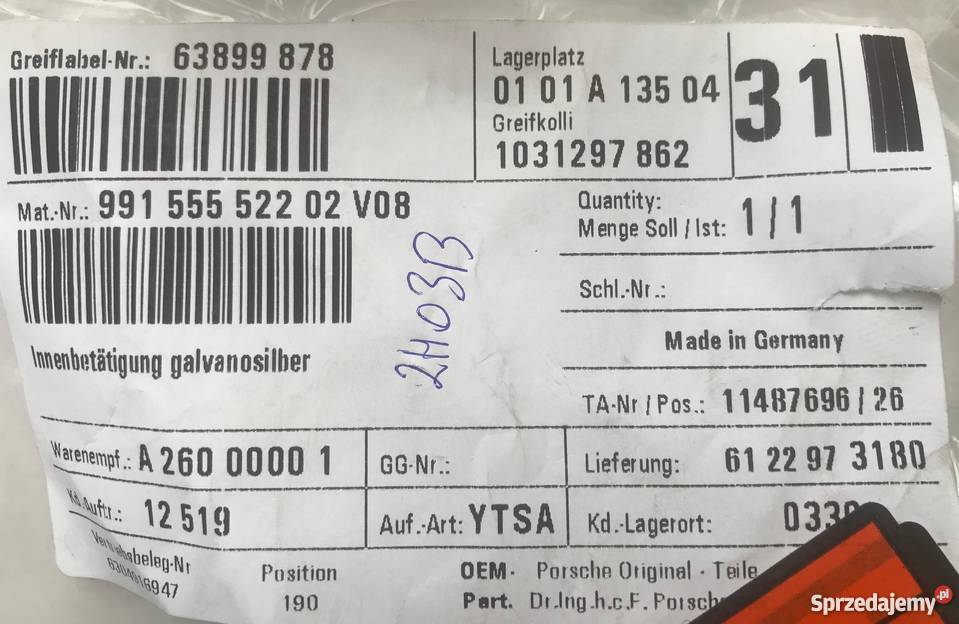 Klamka wewnętrzna drzwi prawe Porsche 911 991 Warszawa