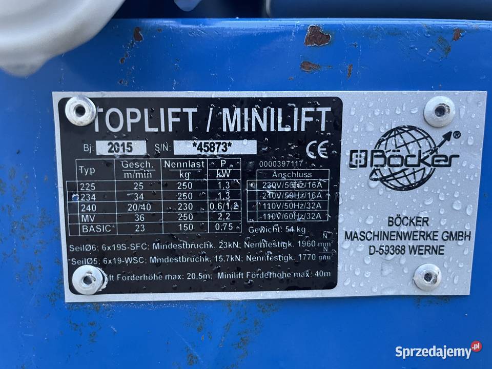 Winda dekarska Bocker TopLift 12m drabina pełny VAT Pozostałe Ślesin
