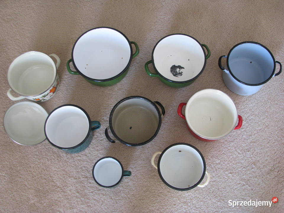 Emaliowane garnki pokrywki patelnie miski małopolskie Brzegi