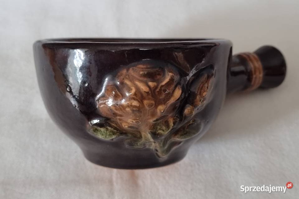 Małe ceramiczne ozdobne naczynie z rączką PRL brązowy mazowieckie Warszawa