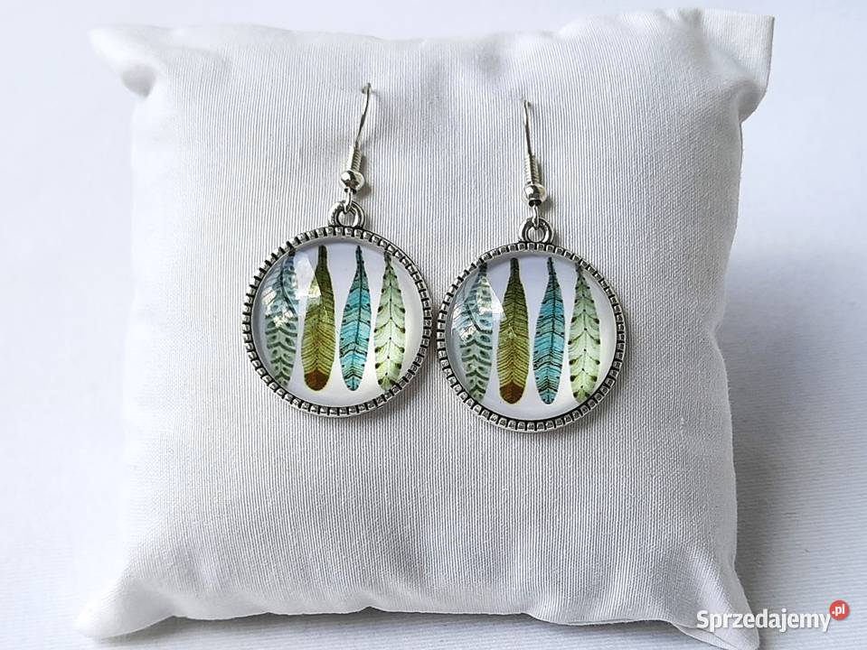 Kolczyki grafika pod szkłem miętowe piórka łódzkie Łódź sprzedam