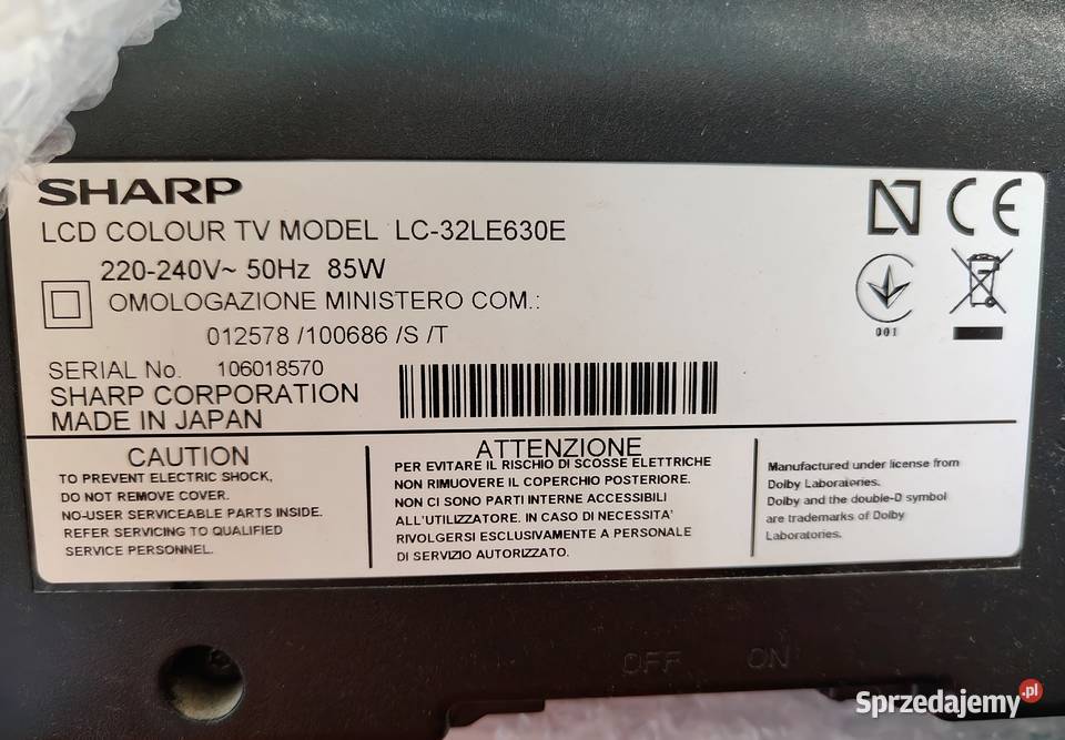 Telewizor Sharp Aquos LED Colour TV LC32 LE 630 32cale śląskie Jastrzębie-Zdrój sprzedam