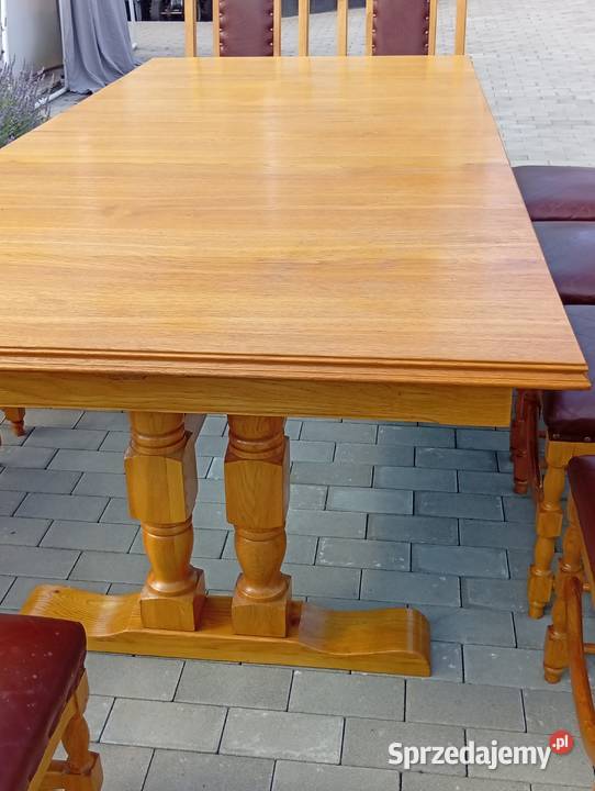 Unikatowy zestaw stół 12 krzeseł lity dąb skóra Starachowice