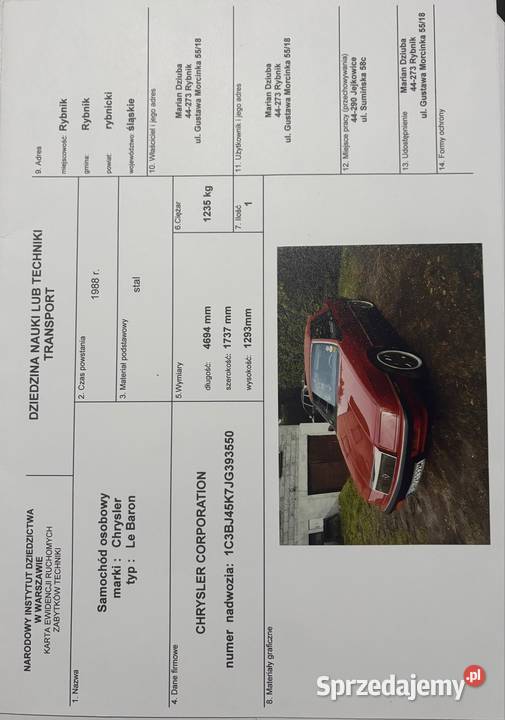Chrysler Le Baron zarejestrowany jako samochód automatyczna Skała