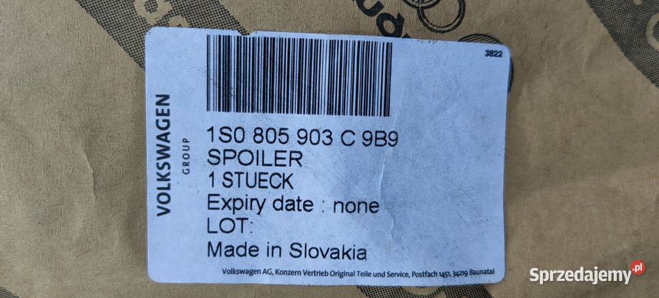 1S0805903C SPOJLER ZDERZAKA PRZÓD VW UP 20122016 Rożnów