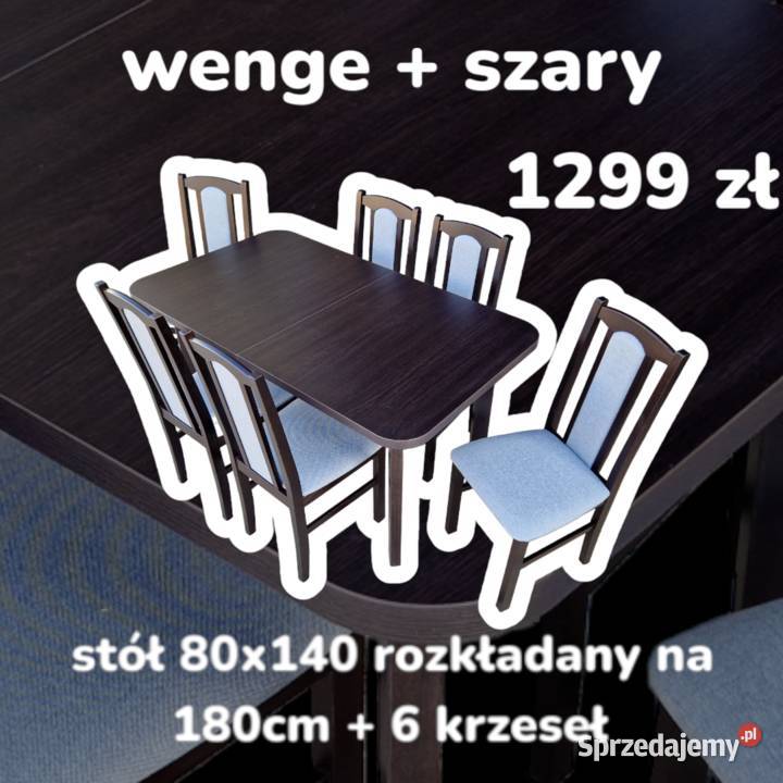 Nowe: Stół 80x140/180 + 6 krzeseł, WENGE + SZARY, dostawaPL