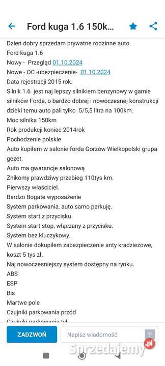 Ford Kuga 16 benzyna Polski salon udokumentowana kupiony w polskim salonie Kuga Gorzów Wielkopolski sprzedam