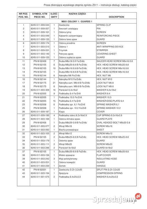 Instrukcja obsługi i katalog prasa zbierająca Stalowa Wola
