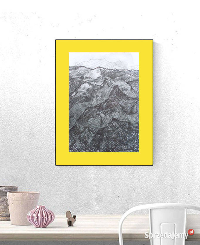 żółto szary obraz 30x40 góry rysunek ręcznie czarny Gdańsk