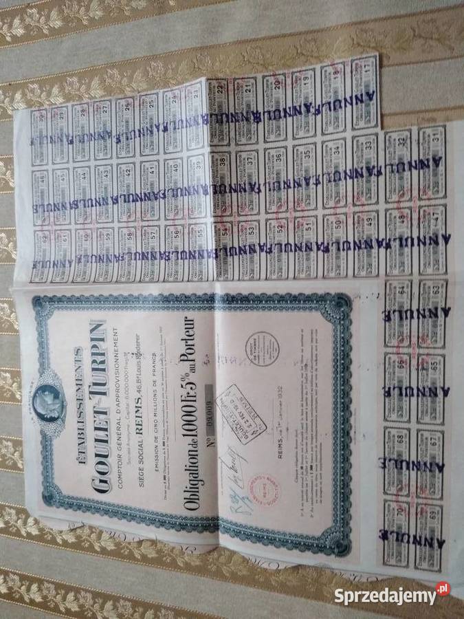 Akcja 1000 franków GOULET TURPIN 1932r Siemianowice Śląskie