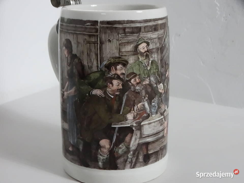 Zabytkowy porcelanowy kufel z cynową pokrywką Biłgoraj