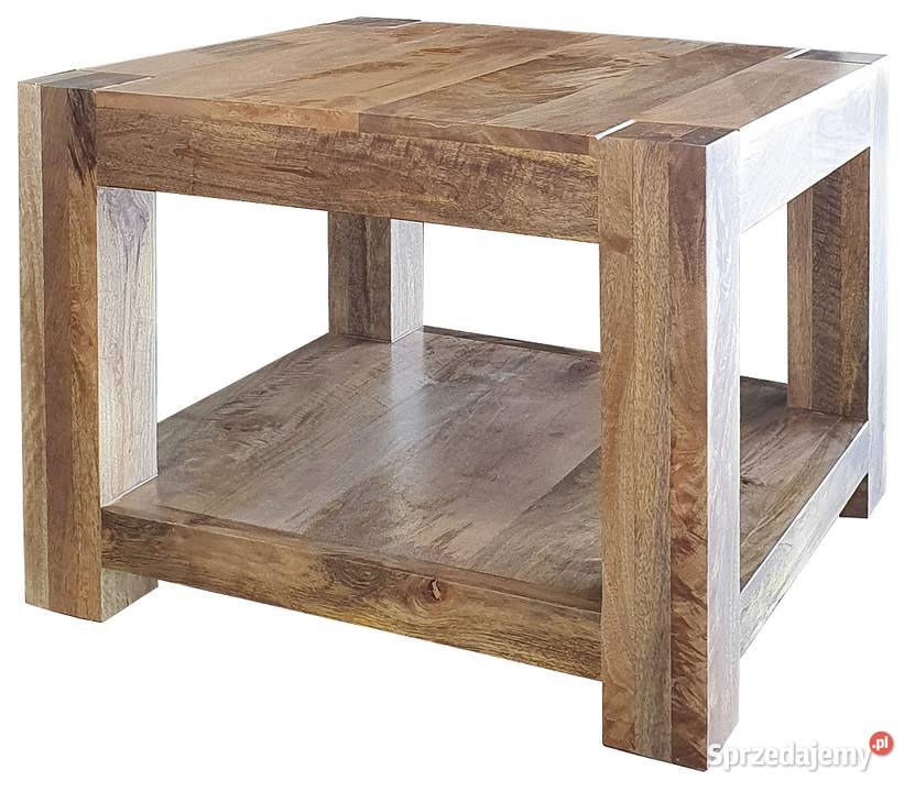 Drewniany kwadratowy stolik z półką z litego drewna mango