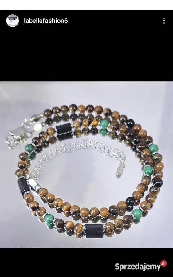 NASZYJNIK KAMIEŃ MALACHIT TURMALIN TYGRYSIE OKO Zegarki i Biżuteria Katowice