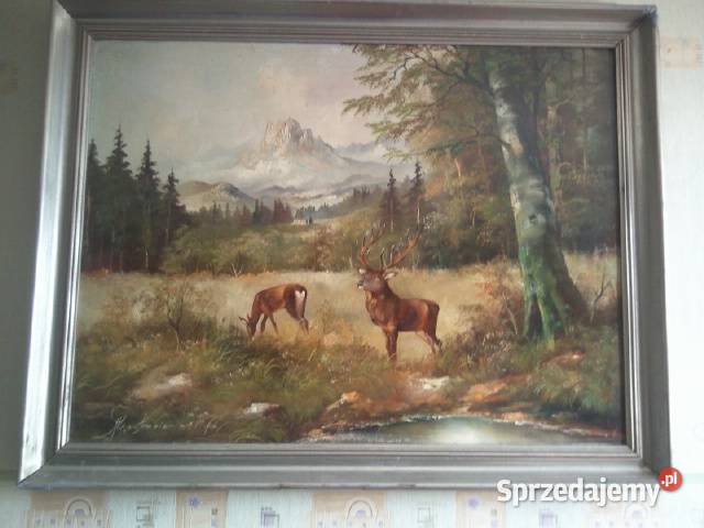Obraz Olejny Jelenie w lesie Sygnowany Austria Malarstwo Lublin