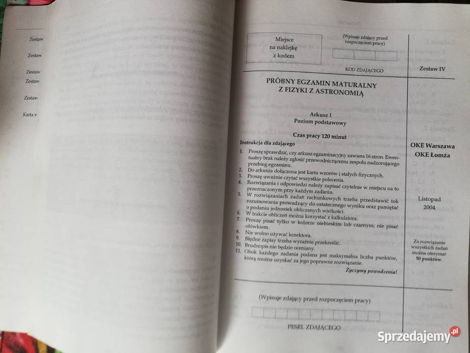 Arkusze egzaminactjne fizyka Matura 2005 i 2009 małopolskie