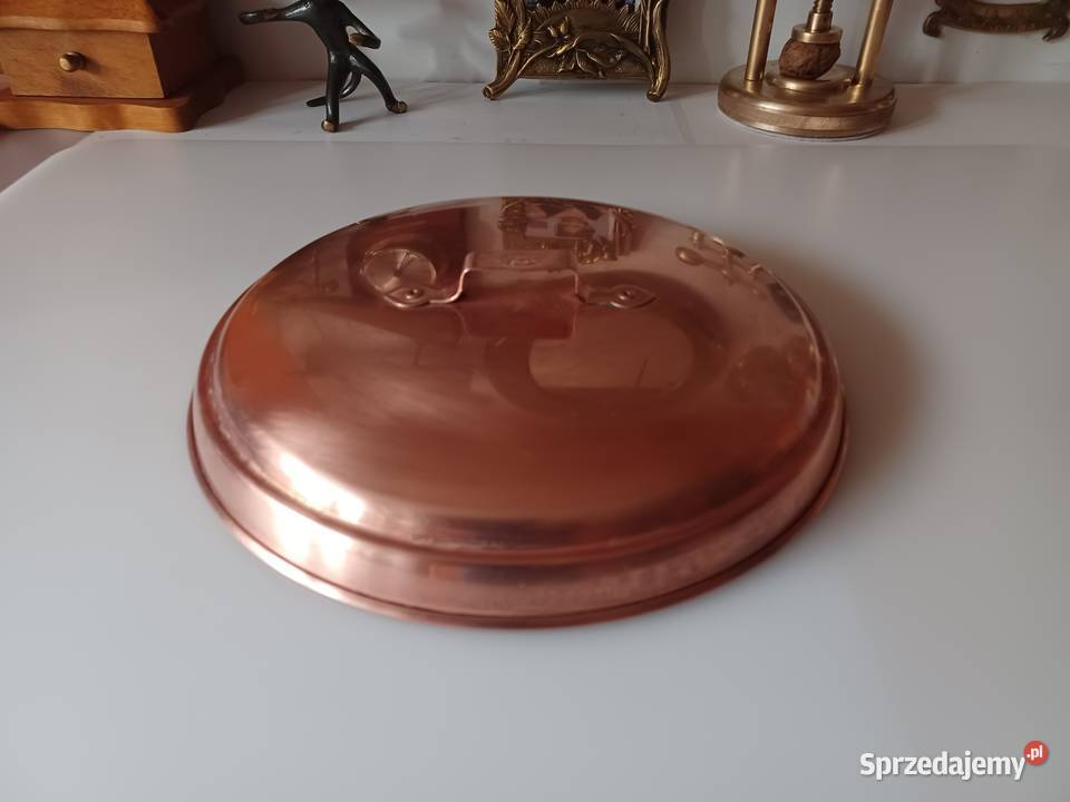 Sygnowana duża miedziana pokrywka Miedź Kolekcja Poznań