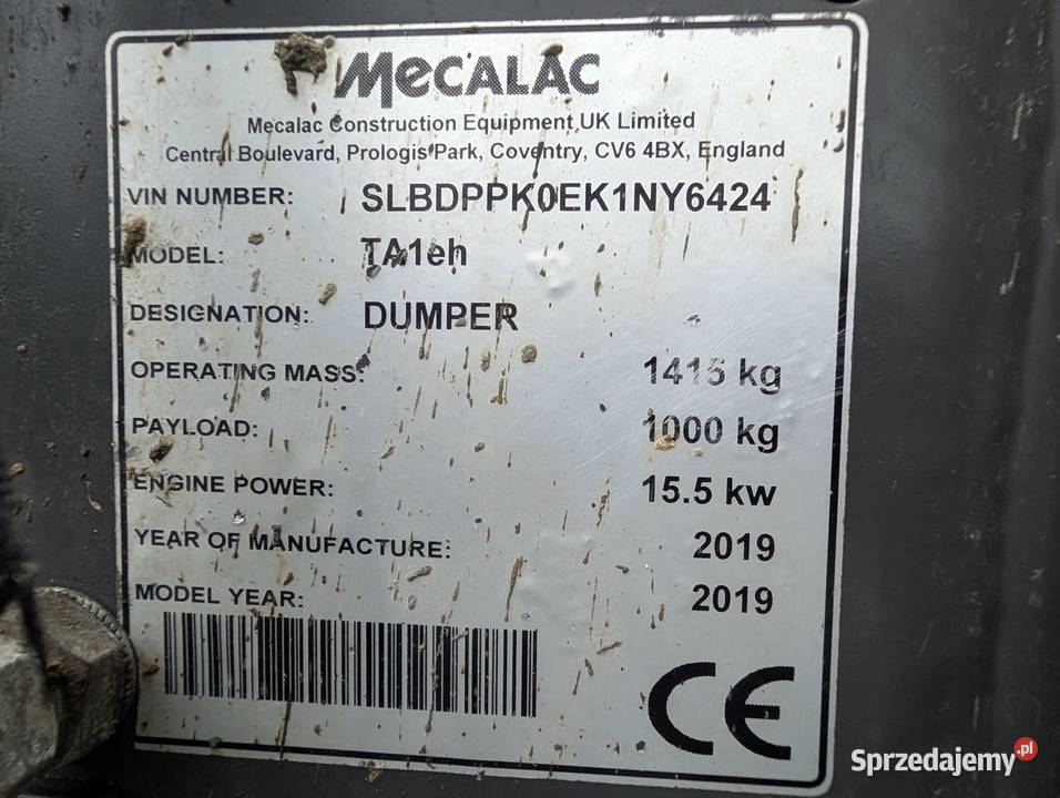 Wozidło budowlane TEREX MECALAC TA1 1T 2019 nie Ropczyce