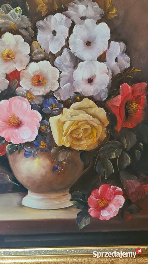 Obraz olejny bukiet kwiatów w złotej ramie Malarstwo Gorlice