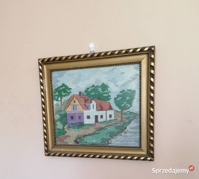 Obraz ręcznie haftowany w drewnianej ramie wielokolorowy Obrazki i obrazy łódzkie